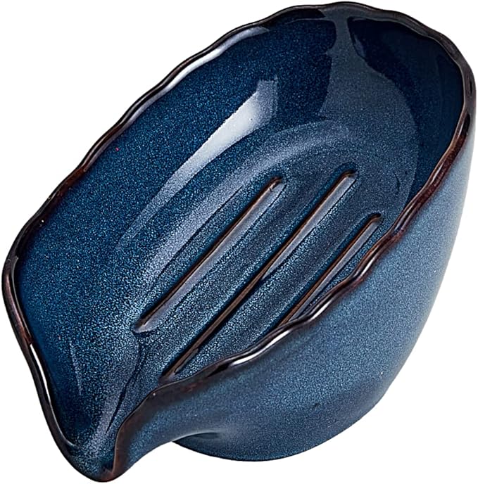 Self Draining Soap Dish, Premium Ceramic Bar Soap Holder, Easy to Clean Keeps Soap Dry, Soap Savers for Bathroom Shower, Kitchen Sink and Countertop (Vintage Blue, 1pc)