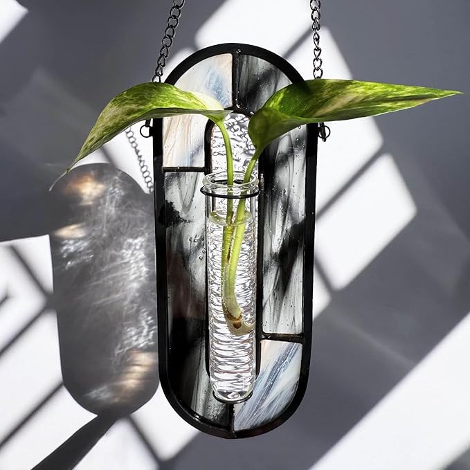 LITMIND Stained Glass Propagation Station - Handcrafted Translucent Suncatcher Planter with 2 Tubes, Hanging Hydroponic Décor for Windows & Garden