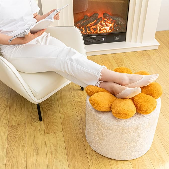 Flower Pouf Ottoman 18x15 Inches Charm Floor Pouf for Home Decor All-in-One Foam Filling Ottoman Foot Rest for Couch Living Room Bedroom Kids Room Ivory and Orange