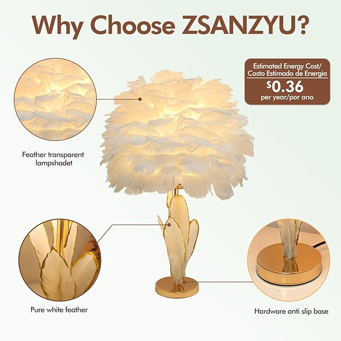 ZYLEIESENBAO Chic White Feather Lamp Creative Furry Table Lamp Modern Feather Desk Lights Romantic Princess Bedside Nightstand Light for Teen Girls Bedroom Decoration Living Room Wedding Kids Room