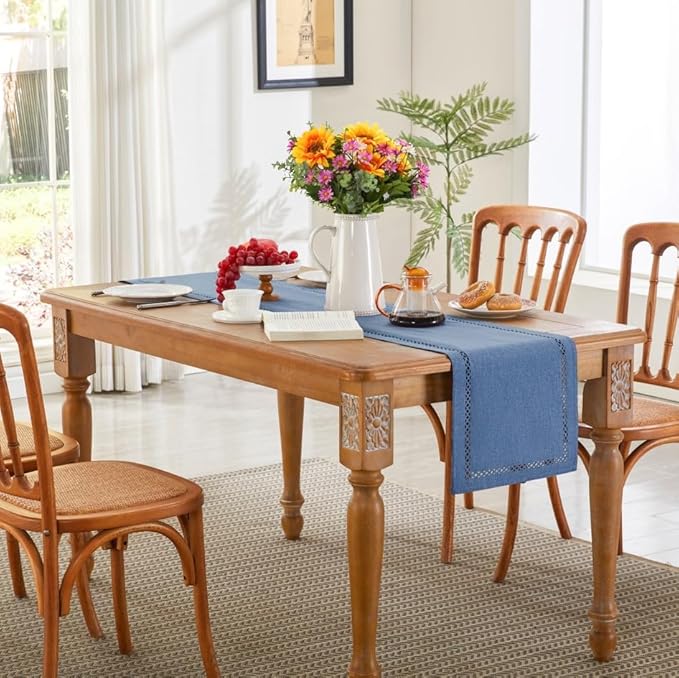 Burlap Style Farmhouse Table Runner, 13 x 108 Inch Blue, Rustic Geometric Hollow Table Runners 108 Inches Long for Dresser Table Everyday Use, 13x108 Inches, Blue