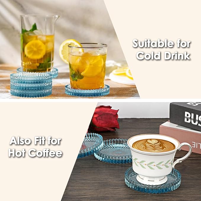Modern Clear Coaster Set of 8- Glass Coasters for Drinks Crystal Coasters Round Cup Coasters Coffee Table Decor for Office, Kitchen, Bar, Dining Room, Living Room, Patio(Clear Blue)