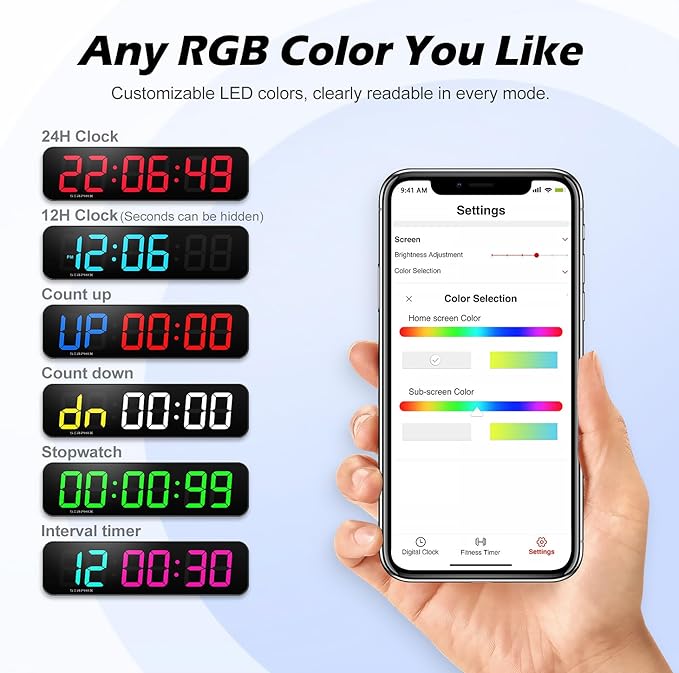 15.2" Large Digital Wall Clock with Seconds, App & Remote Control, Customizable RGB Colors, Alarms, Stopwatch, Countdown, Timer Clock for Home Gym Living Room Office Garage Decor