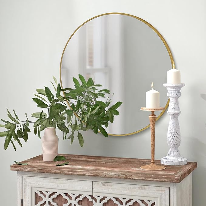 CULER Round Gold Bathroom 24 Inch Mirror,Circle Wall Modern Mirror for Bedroom,Hanging Vanity Tempered Glass Mirrors for Entryway or Living Room