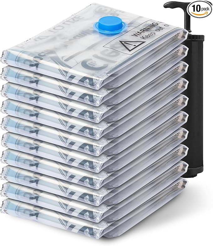 Vacuum Seal Bags for Clothing Travel, 10 Jumbo - Space Saver Vacuum Storage Bags, Blanket & Clothes Storage Bags Vacuum Sealed – Hand Pump Included, Bolsas Para Guardar Ropa Al Vacío