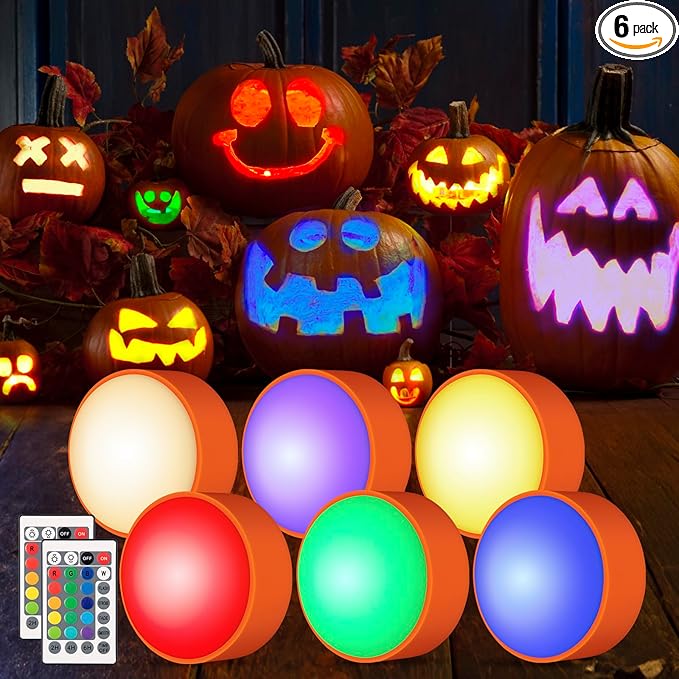 Halloween LED Flameless Pumpkin Lanterns, Battery Operated Jack-O-Lantern Lights with Remote Control and Timer, RGB Dimmable Color Changing Lights for Halloween and Pumpkin Decoration - 6 Pack