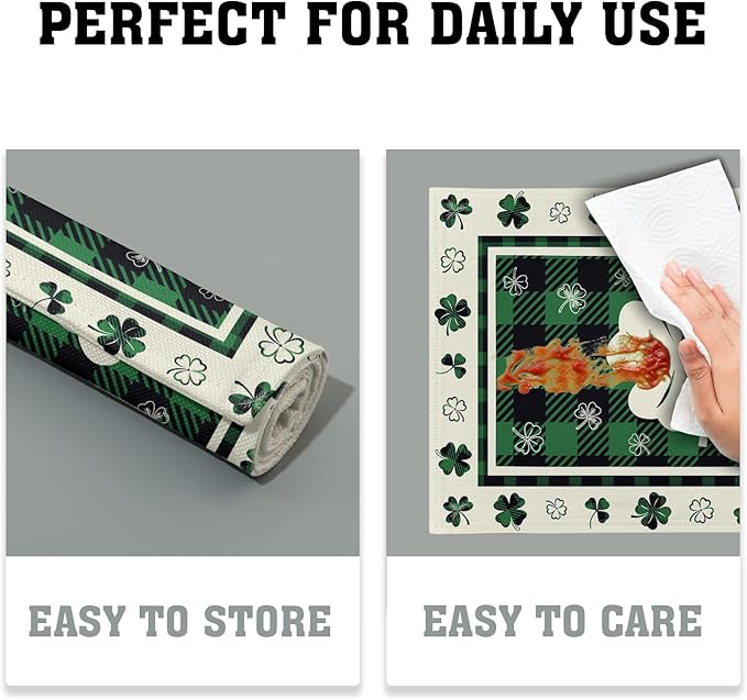 Giwawa Lucky Clover Placemats Set of 4 for Kitchen Dining, St Patricks Day Shamrocks Buffalo Plaids Washable Linen Place Table Mat 12x18 Inches for Tabletop Holiday Party Picnic Decor