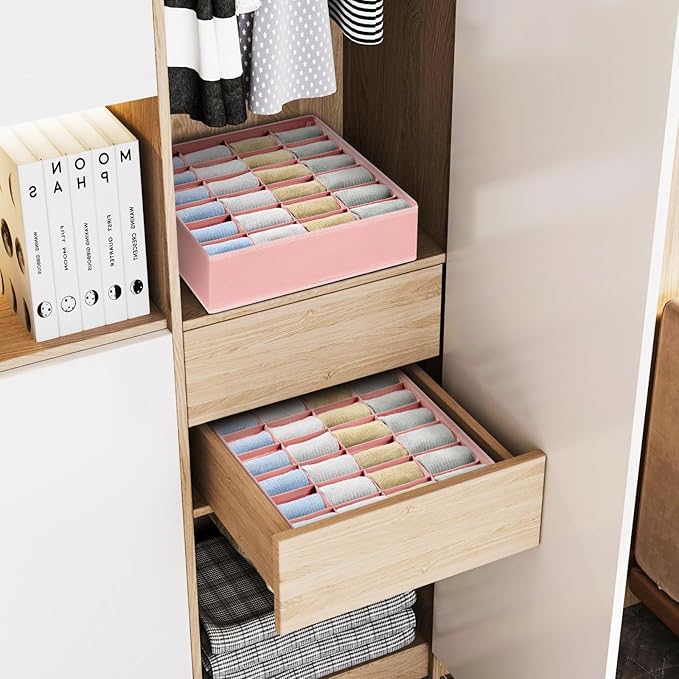 Joyoldelf Sock Organizer Drawer Organizer - 2 Packs Underwear Organizer, 24 Cells Collapsible Closet Organizers and Storage Sock Holders Organizers for Storing Socks, Ties, Belts(Pink)