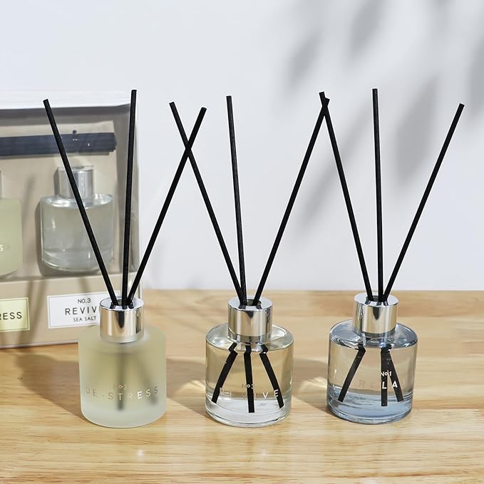 3 Pack Fragrance Reed Diffuser, 50ML Lavender Jasmine Lemongrass Aromatherapy Diffuser Set with 12 Black Fiber Sticks,Air Freshener for Bedroom Bathroom Office, 8.2X 6.6X 2.1 inch