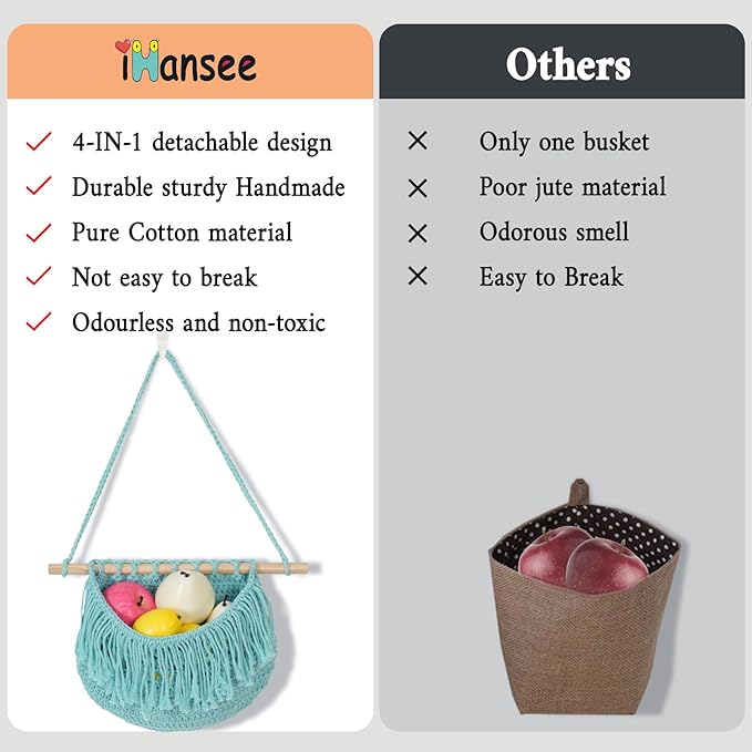 4 Tier Hanging Fruit Basket for Kitchen, Aqua Boho Cotton Rope Crocheted Fruit Holder for Bathroom Bedroom, Detachable Wall Hanging Basket Shelves Over Door Organizer for Fruit Veggie Plant Decor