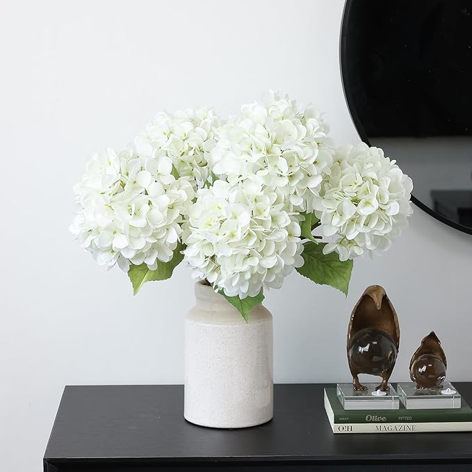 mizii 4Pcs White Artificial Hydrangea Flowers Large Fake Silk Hydrangea Flower with Leaves Stems Realistic Faux Hydrangeas Decorations for Wedding Table Centerpieces Vase Home Decor (White)