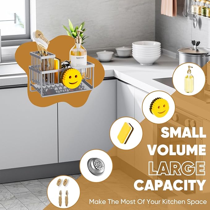 Sponge Holder for Kitchen Sink,Smiley Face Sink Caddy with Removable Brush Holder,Self-Draining Sponge Caddy for Sponge,Soap,Dish Brush,Scrubber,Kitchen Essentials and Gadgets-Gray