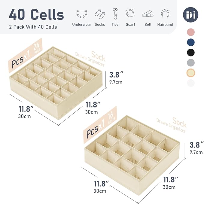 Joyoldelf Sock Drawer Organizer Divider 2 Packs Underwear Organizer, 24 Cell + 16 Cell Closet Organizers and Storage Sock Holders Organizers for Storing Socks, Handkerchiefs, Ties, Belts (Beige)