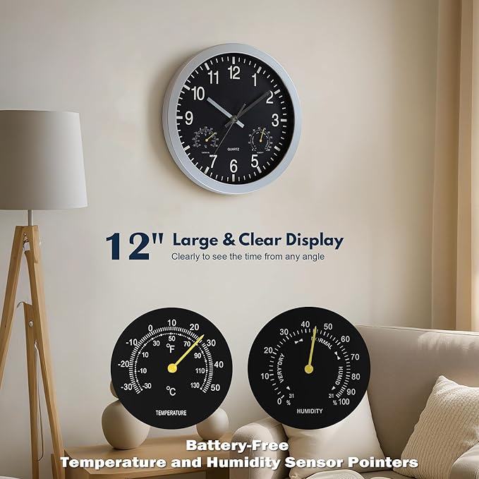 AYRELY® 12 inch Silent Wall Clock with Temperature & Humidity – Battery Operated Decorative Clock for Home, Kitchen, Bedroom (Black, 12 inch)