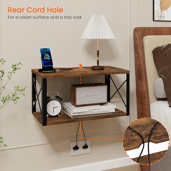 Homode Floating Nightstand, Wood Floating Bedside Table with Cable Hole, 2 Tier Wall Mounted Nightstand, Hanging Night Stand Wall Shelves for Bedroom Living Room Bathroom Kitchen, Rustic Brown