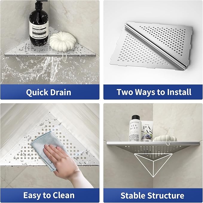 Corner Shower Shelves, 10" Brushed 304 Stainless Steel Recessed Shelf for Bathroom, Grout in Shelf for Tiled Wall, 2 Pack, No Drilling Needed