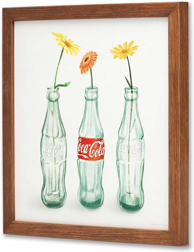 Coca-Cola Bottles With Flowers Framed Wood Wall Decor - Vintage Coca-Cola Wall Art for Kitchen, Dining Room, or Living Room