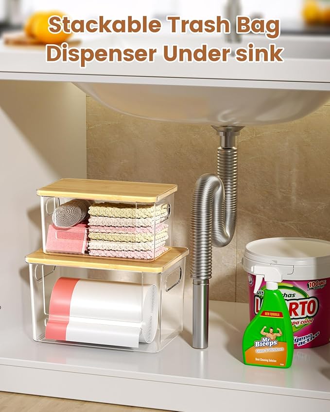 Trash Bag Dispenser 2-Pack, Stackable Trash Bag Holder with Bamboo Lid – Clear Plastic Garbage Bag Organizer for 4-33 Gal Bags, Space-Saving Under Sink Organizer for Kitchen, Laundry, Pantry