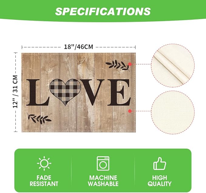 Artoid Mode Wood Love Family Home Together Buffalo Plaid Placemats Set of 4, 12x18 Inch Farmhouse Table Mats Party Kitchen Dining Decoration