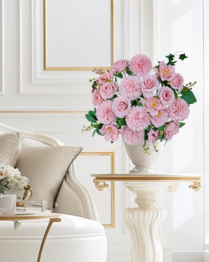 Premium Pink Silk Flower Bouquets, Artificial Chrysanthemums, Fake Flowers Roses Peonies Decoration, Pink Faux Floral Arrangements for Wedding Home Decor Table Centerpieces