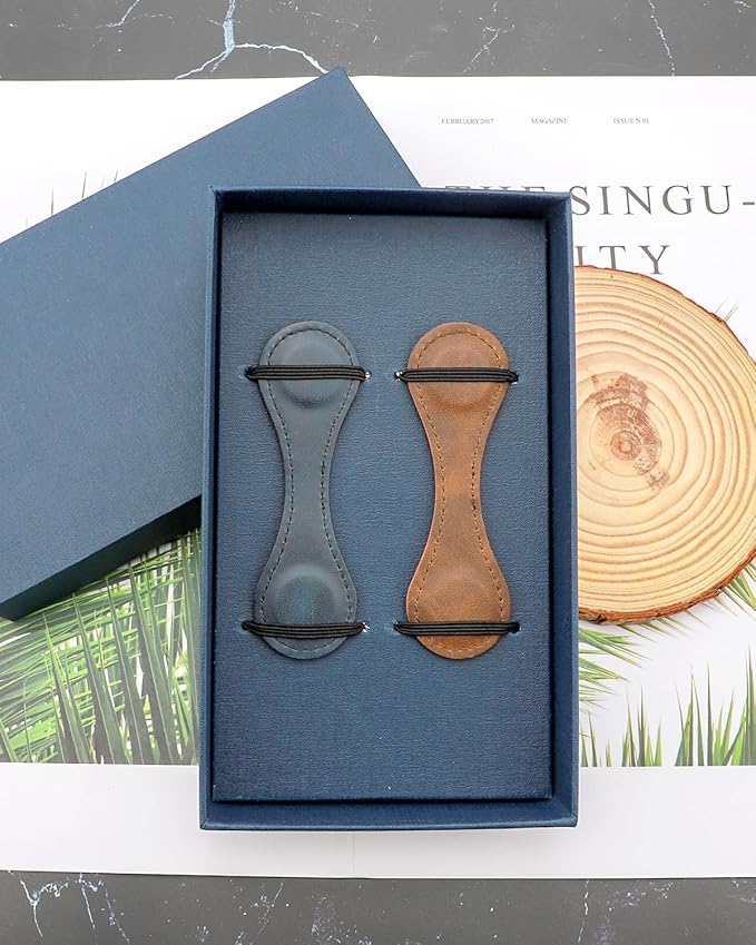 2Pcs Magnetic Leather Bookmarks with Gift Box, Vintage Faux Leather Book Mark, Double-Sided Magnetic Bookmarks Supplies Gift for Men&Women Read Book Lovers Father's Day Gift (Blue + Coffee)