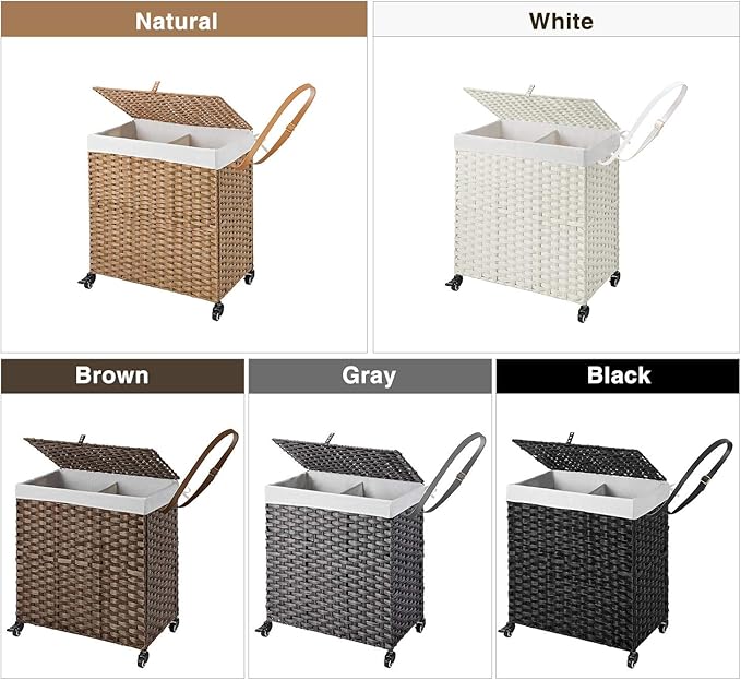 Greenstell Laundry Hamper with Wheels, No Install Needed, 110L Divided Handwoven Hampers & 2 Removable Liner Bags, Synthetic Rattan Clothes Laundry Basket with Lid & Handles, Foldable Hampers Natural