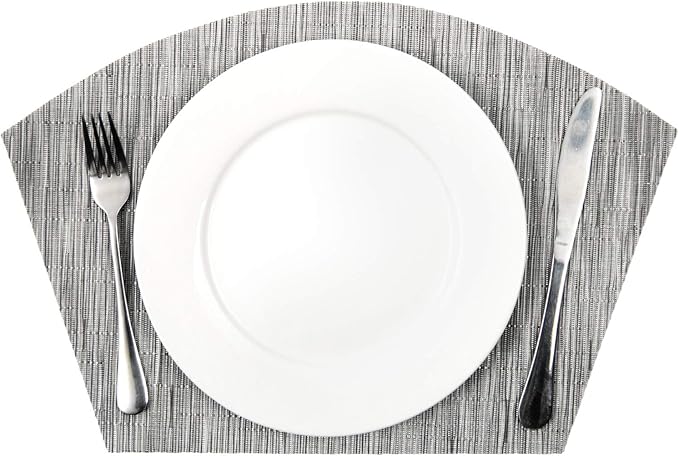 SHACOS Small Round Table Placemats Set of 4 Wedge Placemats Heat Resistant Woven Vinyl Table Mats Wipe Clean (4, Silver Gray)