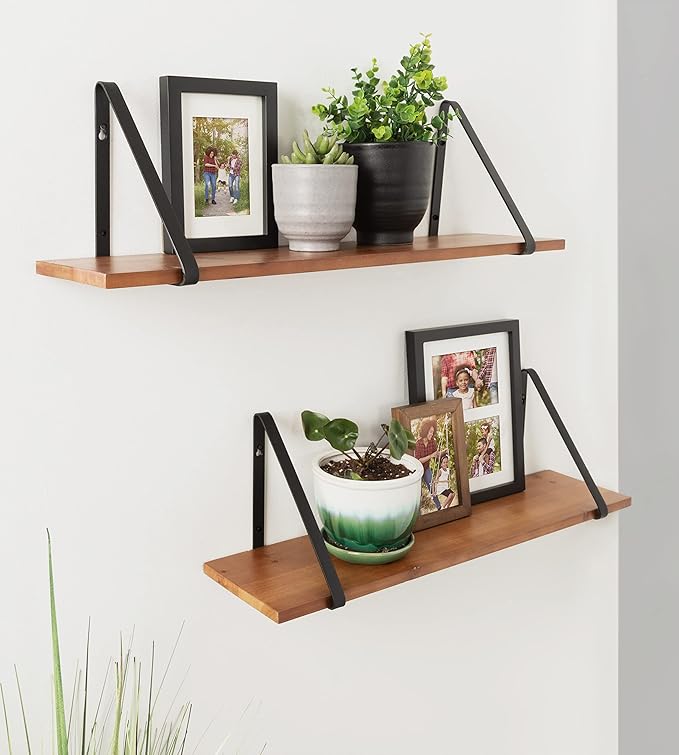 Kate and Laurel Soloman Wooden Shelves with Simple Metal Brackets, Rustic Brown and Black, 2 Piece Set