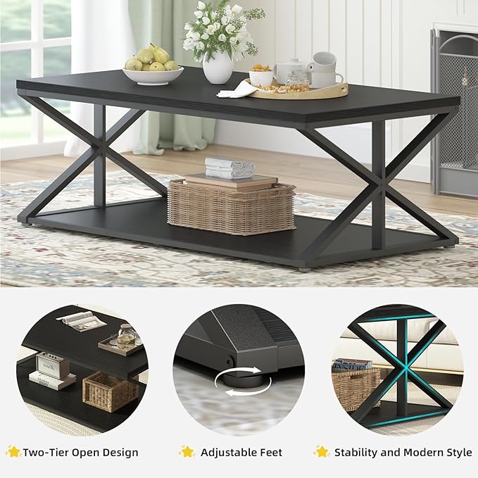 Modern Coffee Table with Storage, Farmhouse Living Room Table, Minimalist Rectangle Center Table, Industrial Vintage Wood Tea Table, 47 Inch, Black Oak