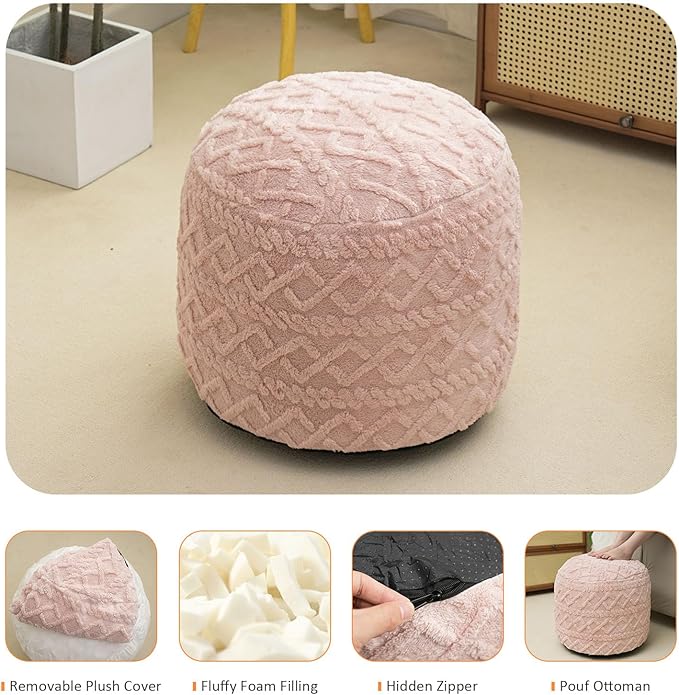 Round Stuffed Pouf Ottoman for Foot Rest, Faux Fur Poufs with Foam Chunk Filling, Storage Ottoman Pouf Foot Stool Cushion, 20 X 15 InchFloor Poufs Foot Rest for Living Room Bedroom Home Decor (Pink)