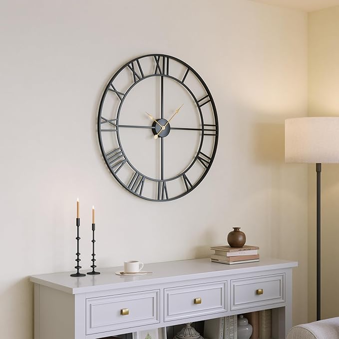 Large Wall Clock for Living Room Mantel, Completely Silent Non Ticking Battery-Operated, Modern Black Metal Round Wall Clock Decorative Clocks for Bedroom - 30 Inch Roman Number