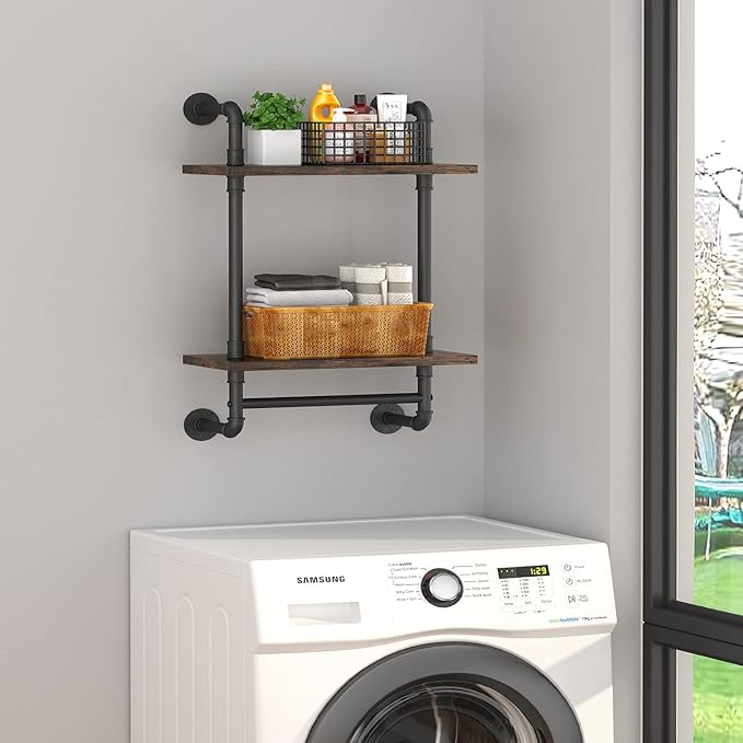 Helsin Industrial Pipe Floating Bathroom Shelves Wall Mounted with Towel bar, 2 Tier Rustic Wood Wall Shelf, 16inch Metal Towel Rack Storage Bookshelf for Bathroom, Kitchen, Farmhouse, Living Room