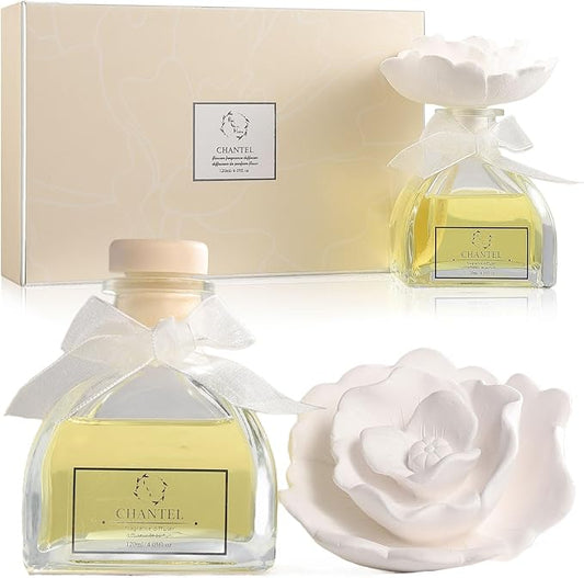 Reed Diffuser Set, Pretty Valley Home Diffuser Gypsum Flower Oil Rose Petals 120Ml / 4.05fl OZ Gift Box for Bathroom Office Bathroom Living Room Decor(Chantel)
