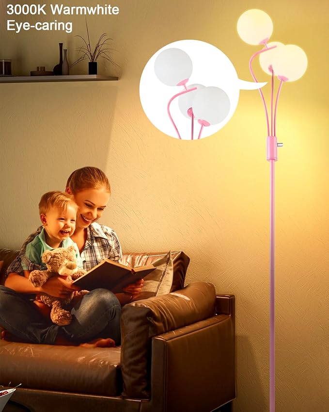 Lightdot Pink Floor Lamp for Girls Room Stepless Dimmable Globe Standing Lamp with 3Pcs 3000K G9 Bulbs Modern Design & Stable Base Mid Century Floor Lamps for Living Room/Bedroon