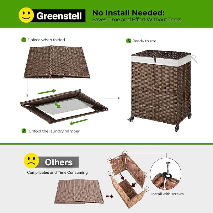 Greenstell Laundry Hamper with Wheels, No Install Needed, 90L Divided Handwoven Hampers & 2 Removable Liner Bags, Synthetic Rattan Clothes Laundry Basket with Lid & Handles, Foldable Hampers Brown