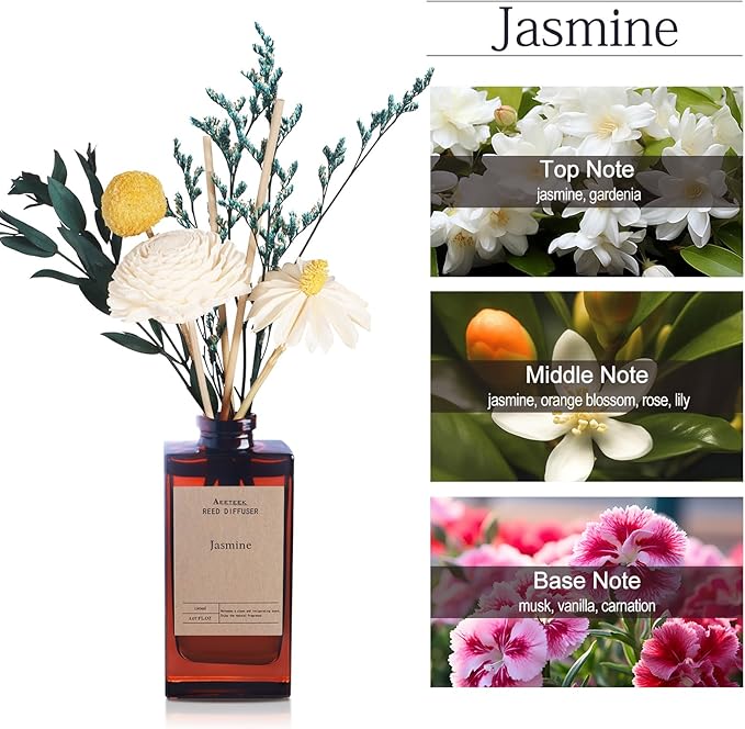Reed Diffuser Set - Jasmine & Orange Blossom Essential Oil, 5.07oz/150ml Floral Aroma Oils Scents with Dry Flower Decoration, Home Fragrance for Large Room Bathroom Office Shelf Decor
