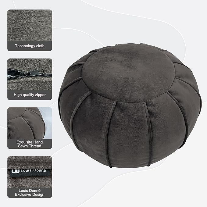 Louis Donné Unstuffed Ottoman Pouf Cover, Eco-Friendly Fabric Pouf Ottoman Floor Chair with Storage Solution for Bedroom, Round Foot Stools for Seating Poufs for Living Room Camper(Dark Brown)
