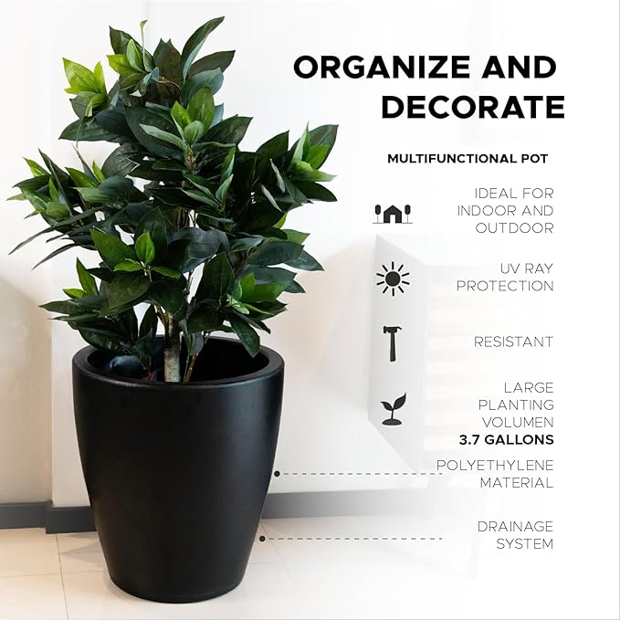 Elly Décor 23 inch Planter for Garden with Drainage, Large Round, Lightweight & Extremely Durable, Deck Indoor/Outdoor Plastic Pot, 23.6" x 21.6"x14, Black