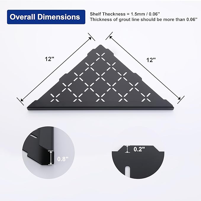 12" Corner Shower Shelf, 2-Pack Shower Shelves SUS304 Stainless Steel Bathroom Shelves for Tile Walls, Recessed Corner Shelf Organizer Rack, Large Size (Matte Black)