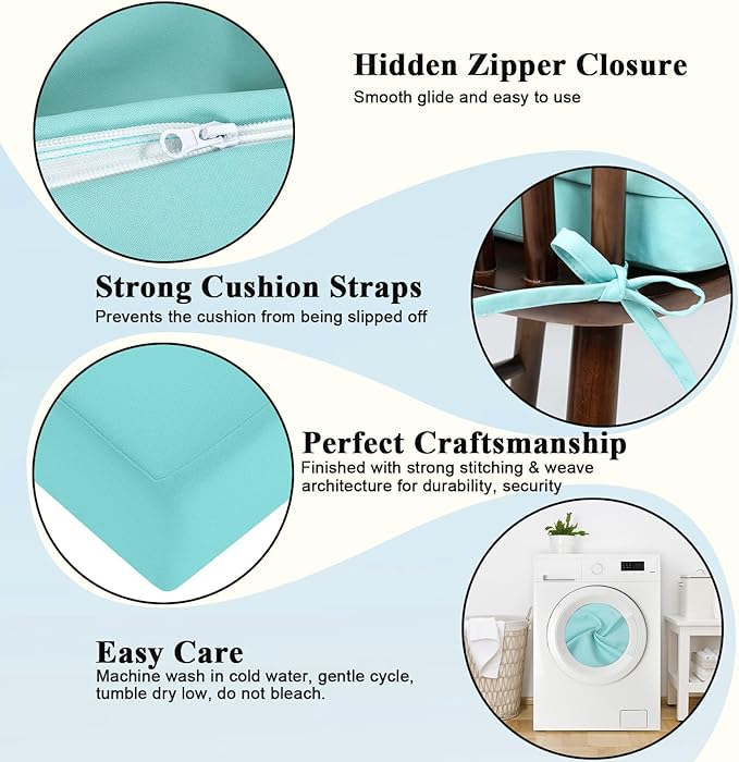 Topotdor Patio Chair Cushions Set of 2,Waterproof Outdoor Chair Cushions with Fade Resistant Removable Cover with Adjustable Straps for Patio Furniture Garden Sofa Couch,19"x19"x3" Teal