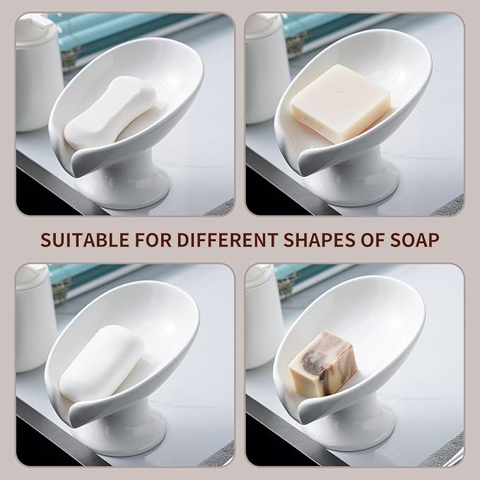 Soap Dish, Soap Holder Self Draining Leaf Shape Soap Dishes,White Ceramic Draining Soap Tray for Shower, Bathroom Sink, Kitchen (Large Size-White, 1)