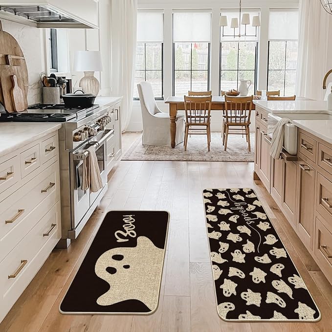 Artoid Mode Spooky Ghosts Boo Halloween Kitchen Mats Set of 2, Black Home Decor Low-Profile Kitchen Rugs for Floor - 24x35 and 24x59 Inch