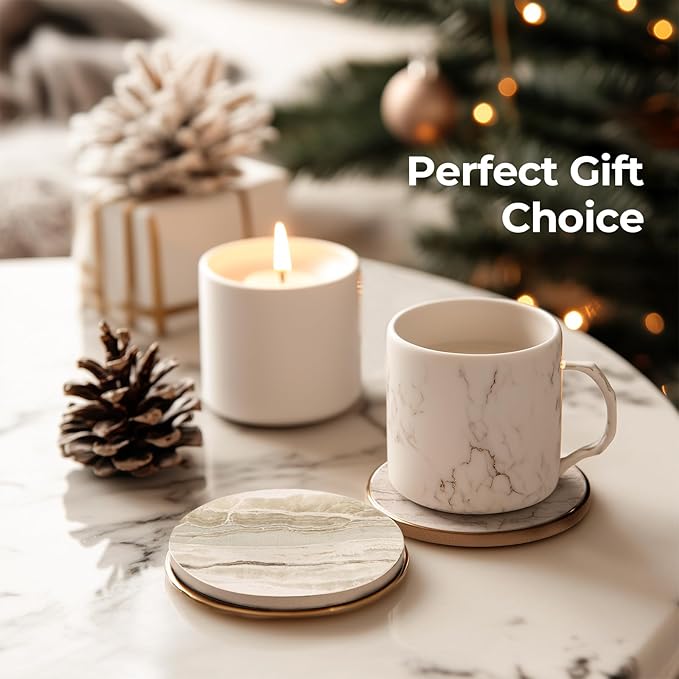 LlFVER Coasters Set of 8, Absorbent Drink Coasters with Holder, Marble Style Ceramic Stone Coasters for Drinks Coffee Tabletop Protection, Modern Furniture Coasters for Home Decor House Warming Gifts