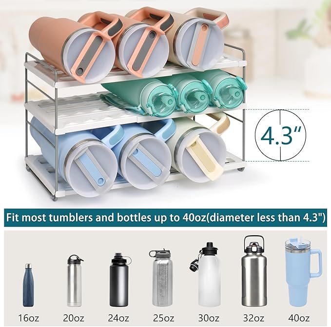 Water Bottle Organizer For Cabinet, Expandable Water Bottle Holder Rack, Adjustable Tumbler Storage For Kitchen Organization, 3 Tier Cup Organizer For Sports Flask Insulated Travel Mug Fridge, White