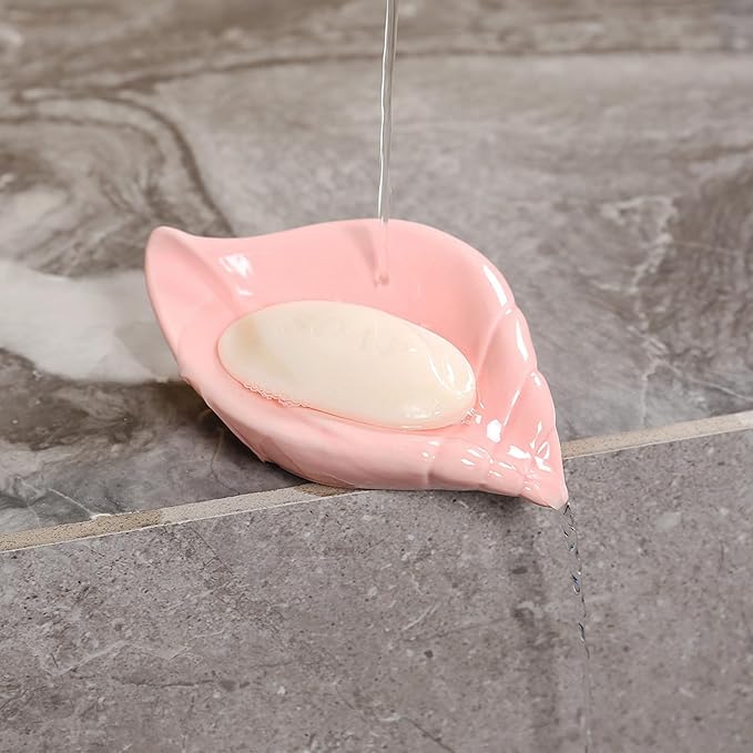 Sea-Shell Soap Holder, Ceramic Soap Tray with Self Draining, Soap Tray for Sink Washroom Bathroom Shower, Small Cute and Elegant Holder with Glaze, Easy Cleaning (Pink)