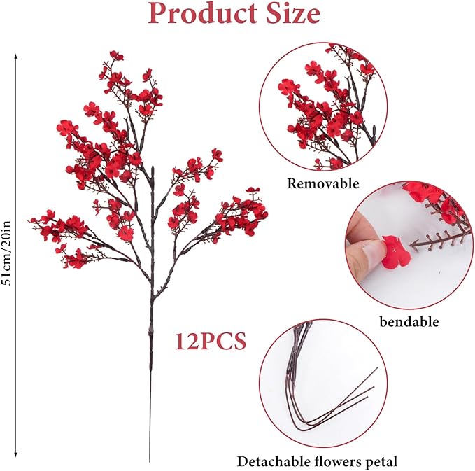 AILANDA 12 Bundles Babys Breath Artificial Flowers Red Real Touch Faux Gypsophila Bouquet Fake Silk Plants Decor for Home Wedding Bouquets Floral Arrangement Party Table Winter Ceterpieces Decorations