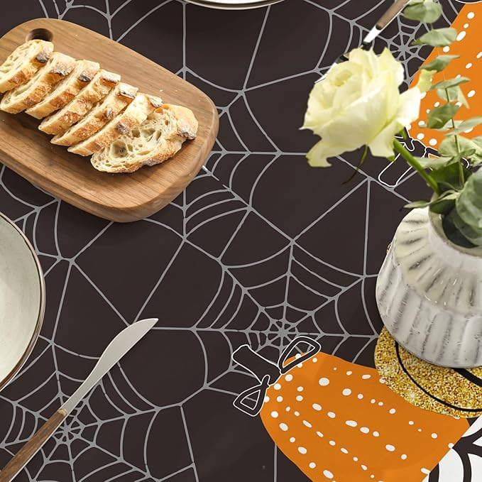 Horaldaily Halloween Tablecloth 60x60 Inch Round, Jack-O-Lantern Pumpkin Cobweb Scary Themed Black Washable Table Cover for Party Picnic Dinner Decor