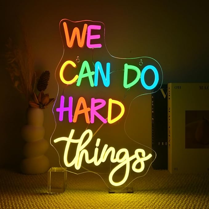 We Can Do Hard Things Neon Sign Classroom Led Neon Light Kids Wall Art Decor for Bedroom Library Office Postive Inspirational Children Students Birthday Gifts