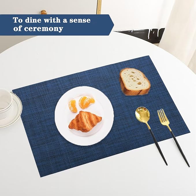 Navy Blue Placemats Set of 4 - Heat Resistant Non-Slip Place mats for Dining Table, Washable Durable PVC Vinyl Woven Table Mats (Navy Blue, 4)