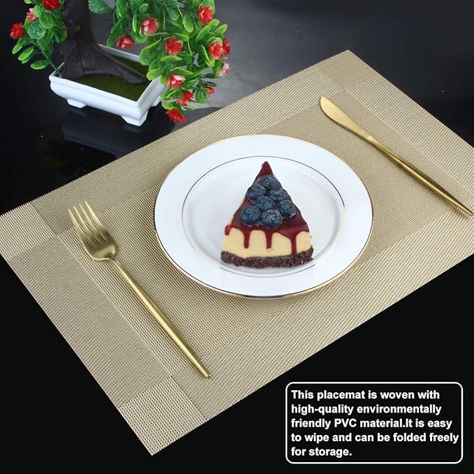 DACHUI Placemats Set of 4, Stylish Woven Place Mats for Dining Table, Washable & Durable PVC Table Mats (Gold)